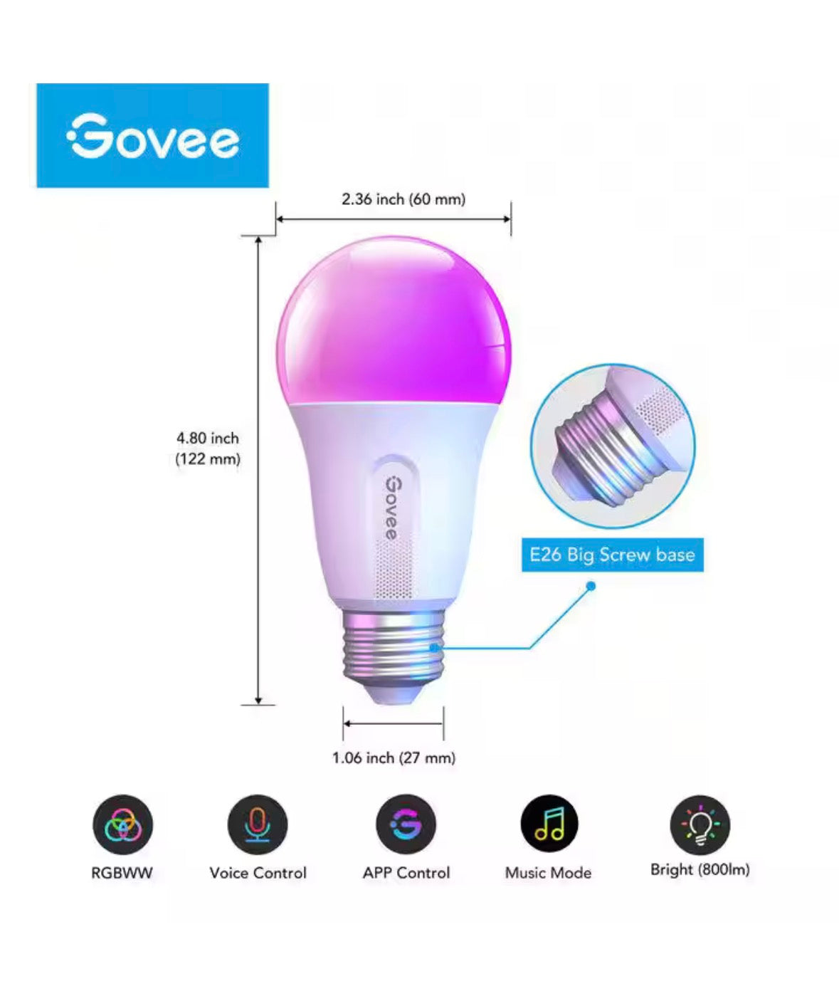 4-Packs 9-Watt 800 Lumens A19 Shape E26 Base 2700-6500K RGBWW Smart LED Bulb