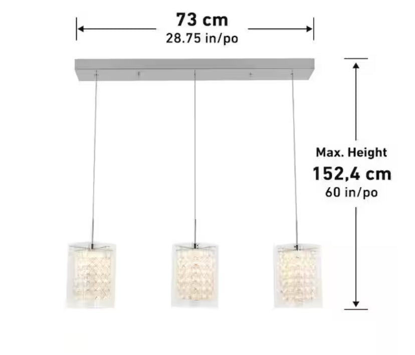 Crystal Cube 13-Watt 3 Light Chrome Modern Integrated LED Pendant Light Fixture for Dining Room or Kitchen
