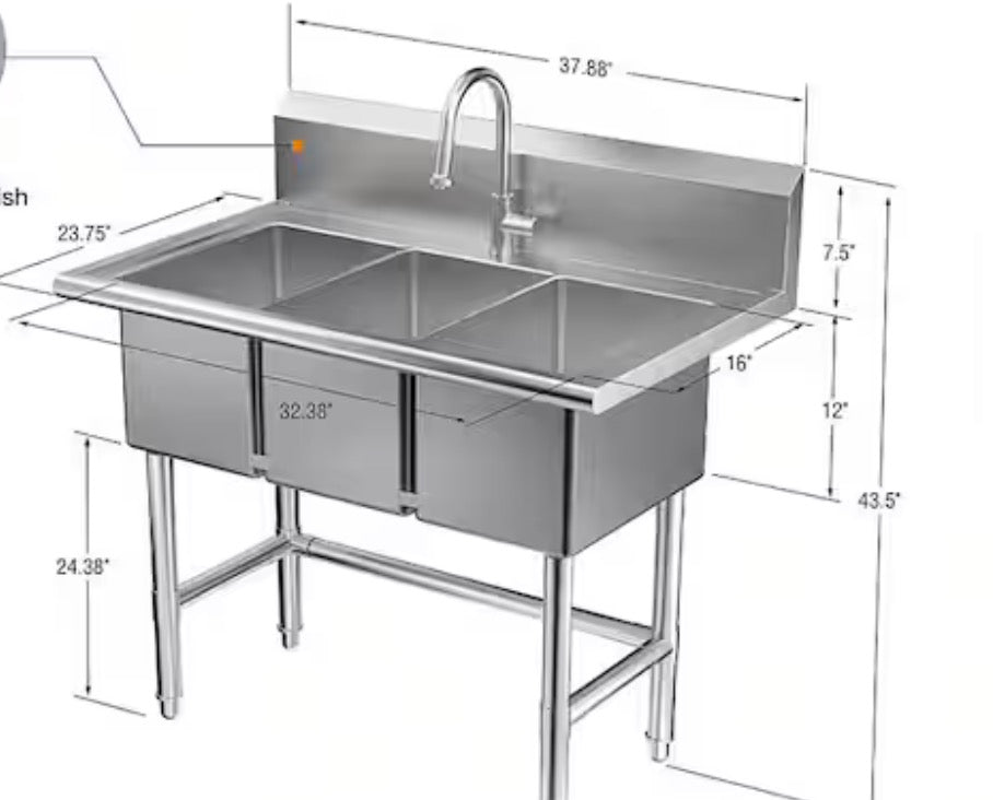 38 in. W x 24 in. D Freestanding Stainless Steel 3-Compartment Commercial Laundry/Utility Sink with Faucet and Drain