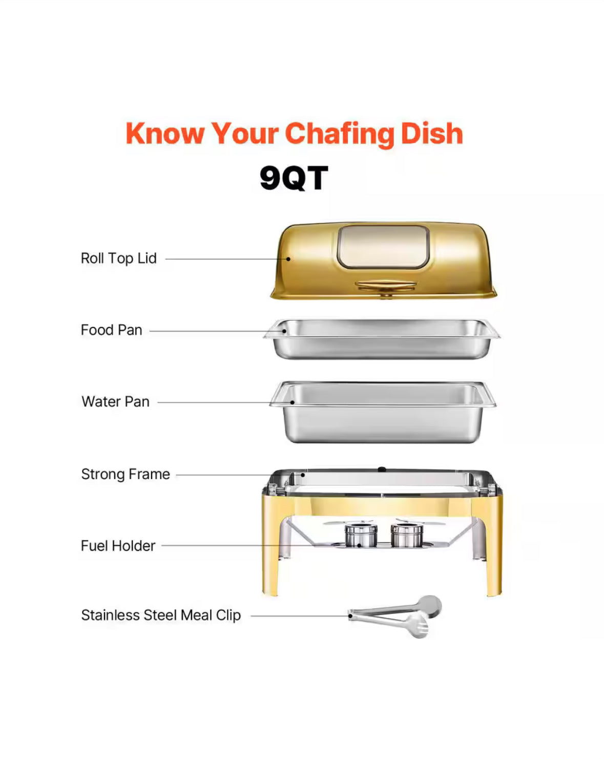 Roll Top Chafing Dish Buffet Complete Set, 9 qt. Gold,Stainless Steel,Chafing Dishes Accessories,withCorrosion Resistant