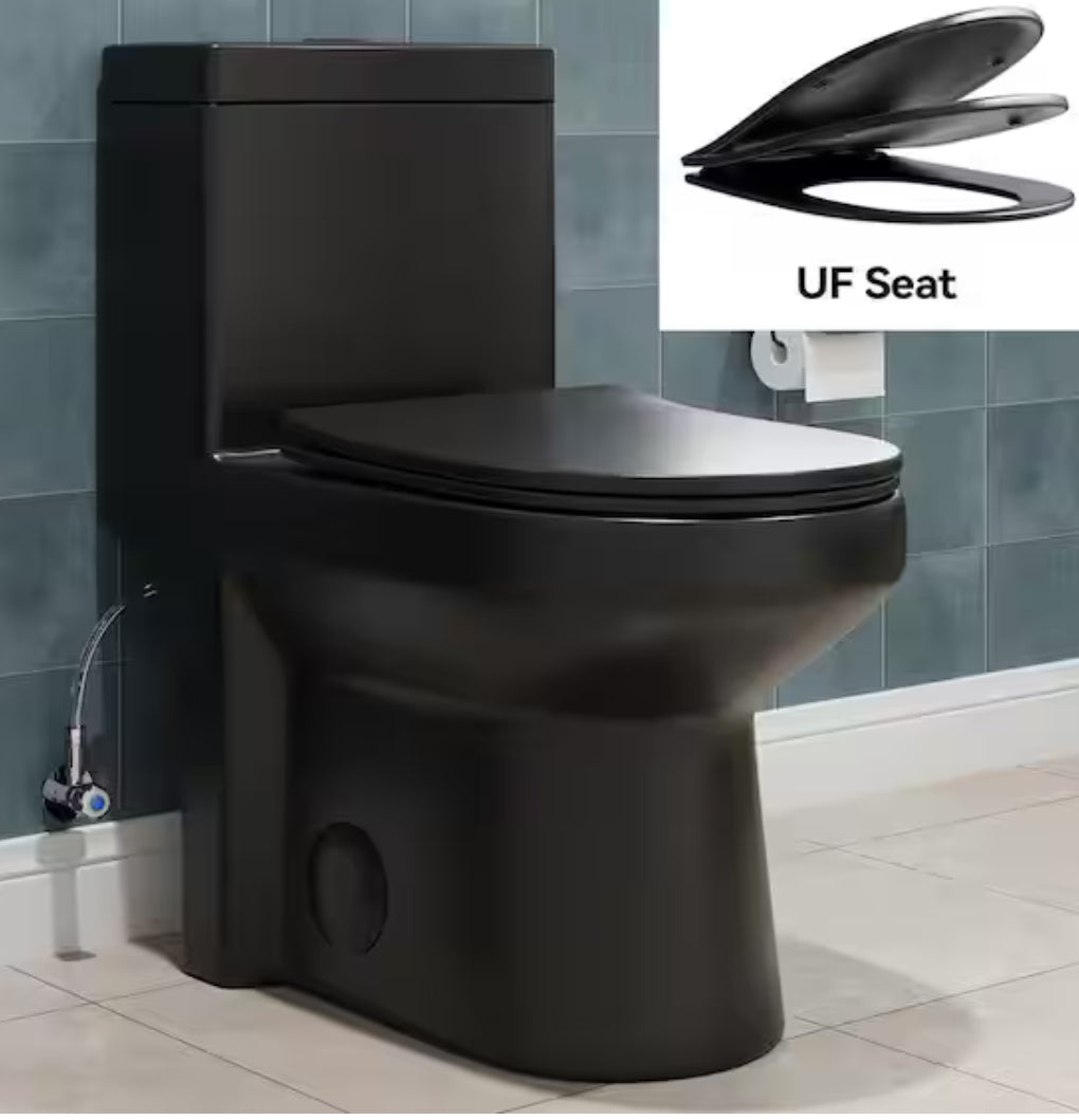 1-Piece 1.1/1.6 GPF Dual Flush Compact Round Toilet in Black Soft Close Seat Included