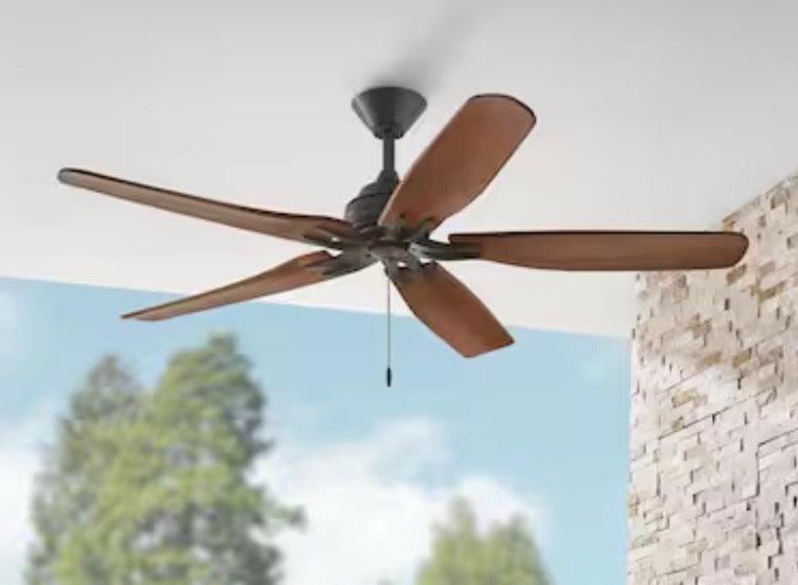 Danetree 60 in. Indoor/Outdoor Natural Iron Ceiling Fan with Hand Carved Wood Blades and Pull Chain Included