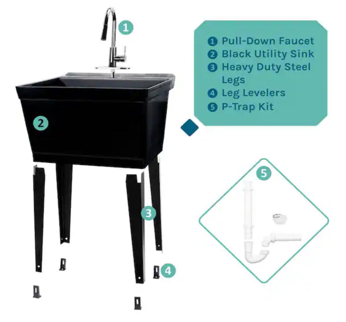 Complete 22.875 in. x 23.5 in. Black 19 Gal. Utility Sink Set with Metal Hybrid Chrome High Arc Pull-Down Faucet