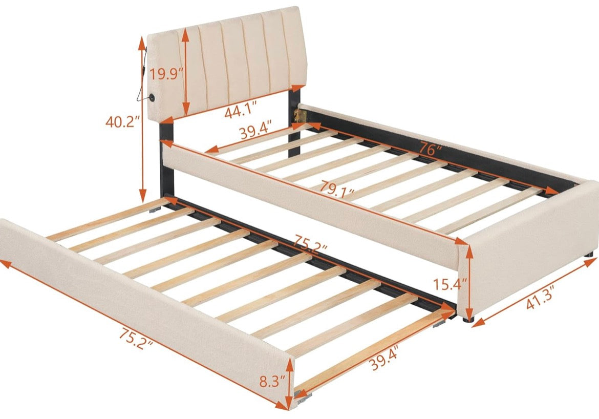 Teddy Fleece Twin Size Upholstered Platform Bed with Trundle, Remote-Control LED Lights, Solid Frame & Extra Sleeping Space (Beige, Twin)