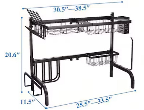 2-Tier Metal Steel Dish Drying Racks with Hooks, 25.5 in. to 33.5 in. Over the Sink Dish Drying Rack for Kitchen