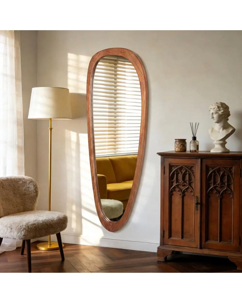 22 in. W x 60 in. H Irregular Natural Wood-Frame Wall Mirror, Distinctive Asymmetric Design