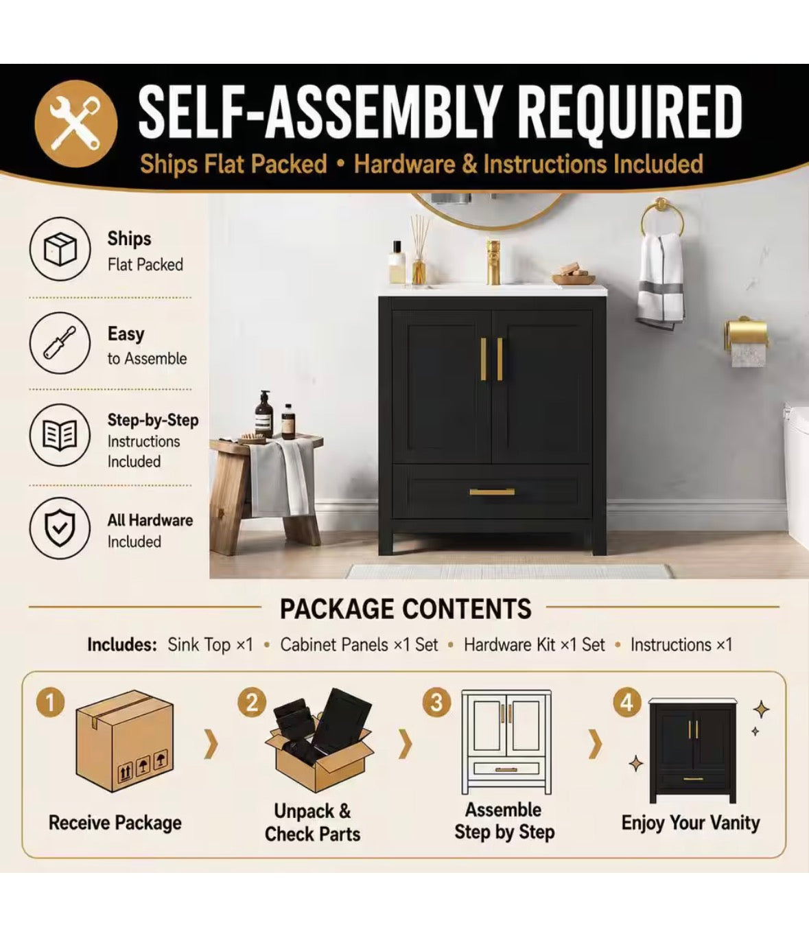 Raven 31 in.W Single Sink Black Freestanding Bath Vanity with White Engineered Solid Surface Top Unassembled