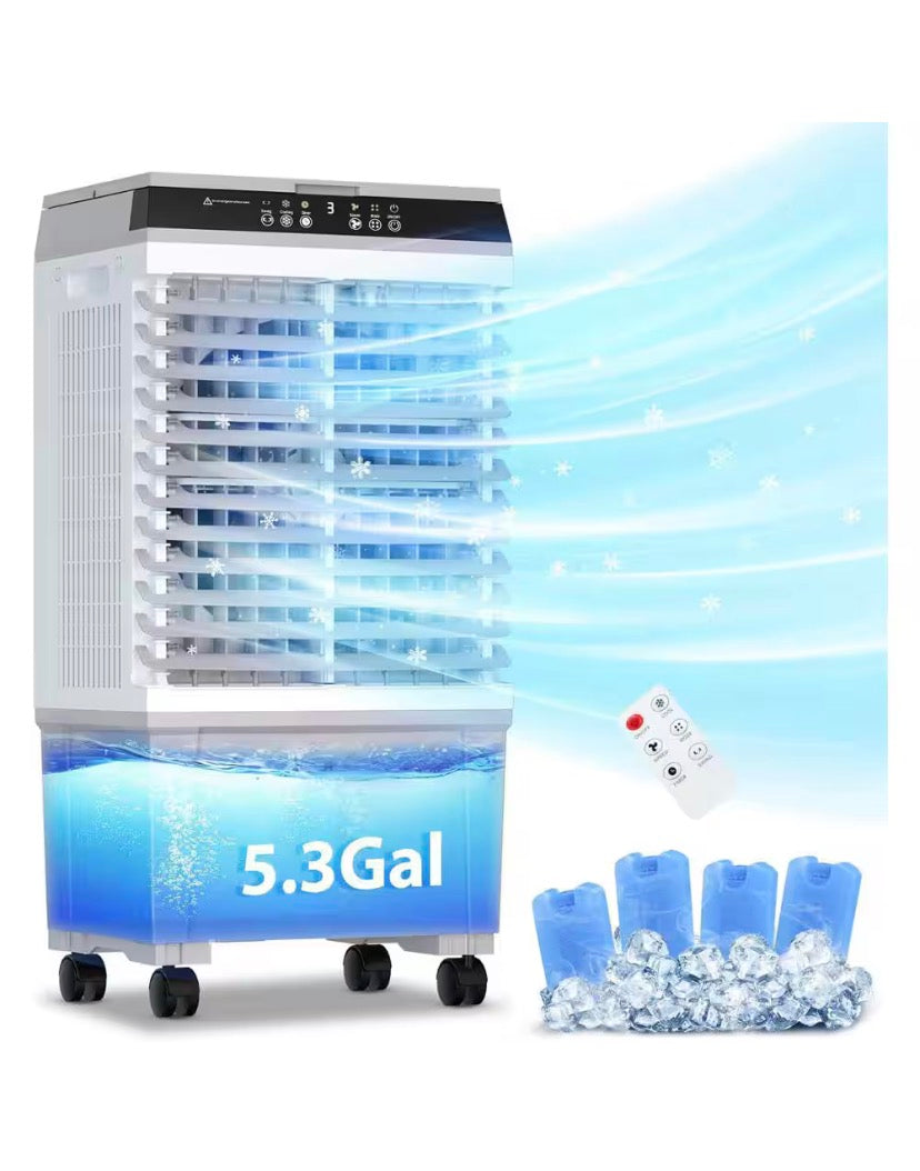 Portable Air Conditioner Fan with 3-Speed, 3 In 1 Swamp Cooler, 1800 CFM,Remote Control, 4-Ice Packs, Timer, 5.3 Gal.