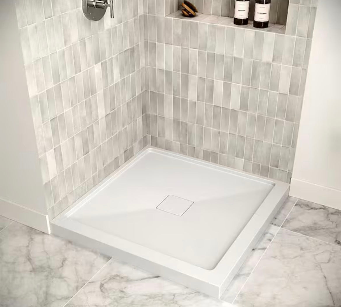 DT-2239-118 34 in. L x 34 in. W Corner PP Shower Pan Base in Glossy White With Center Drain, Drain Included