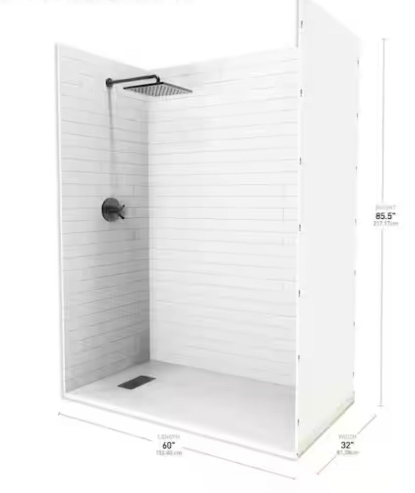 Subway 32 in. x 60 in. x 84 in. Solid Composite Stone Alcove Shower Kit with Walls and White Pan Base L/R Drain