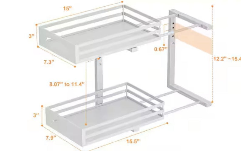 Utility Series 2-Shelf Under Sink Organizer, Carbon Steel, Easy-Install Pull-Out with Height Adjustment, in White