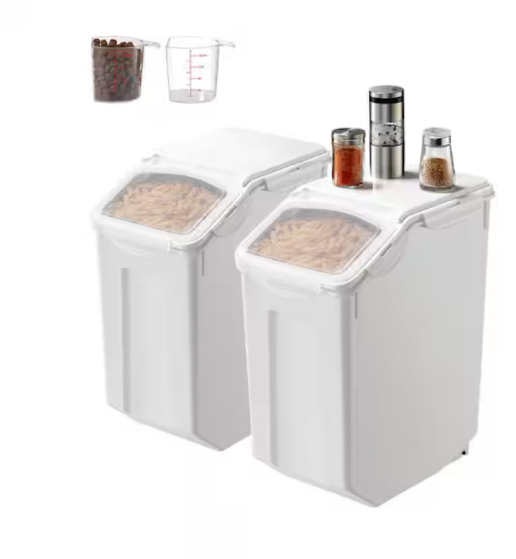 Rice Storage Container, 4.5 Gallon/20 L x 2 Capacity, Dog Food Dispenser, Airtight Lid, 2 Measuring Cups, Pet Food