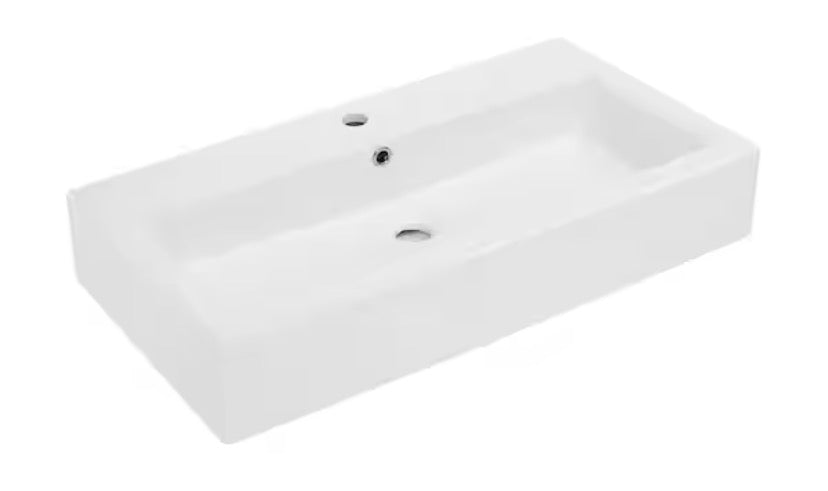 Glossy White Ceramic Rectangle Voltaire Wide Wall Hung Vessel Sink
