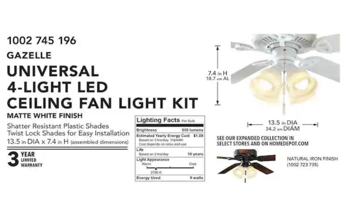 Gazelle 4-Light LED Matte White Universal Ceiling Fan Light Kit