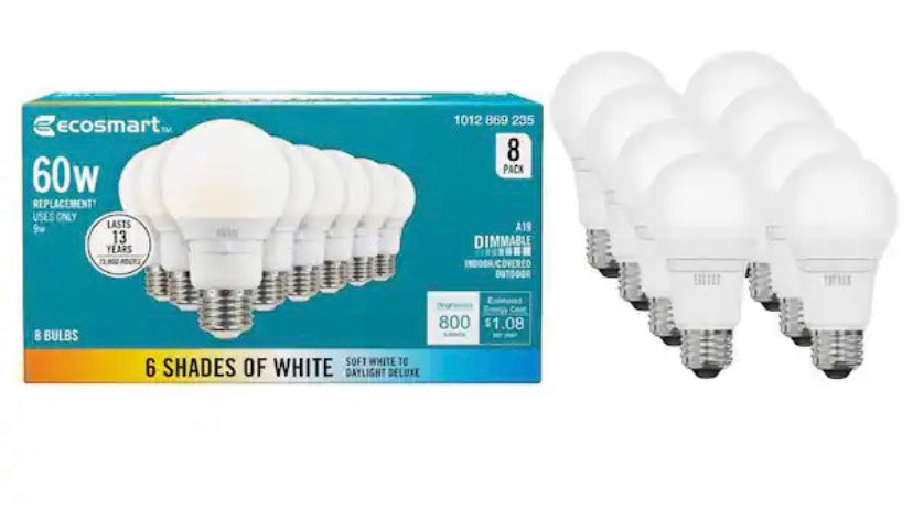 Universal Select 60-Watt Equivalent A19 Dimmable LED Light Bulb with Selectable Color Temperature (8-Pack)