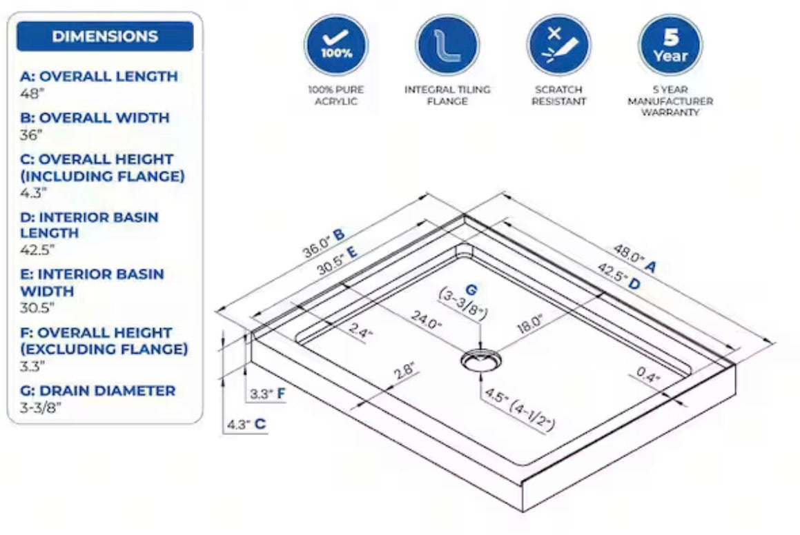 48 in. x 36 in. Alcove Acrylic Shower Pan Base in Matte Grey with Center Drain, Drain Included