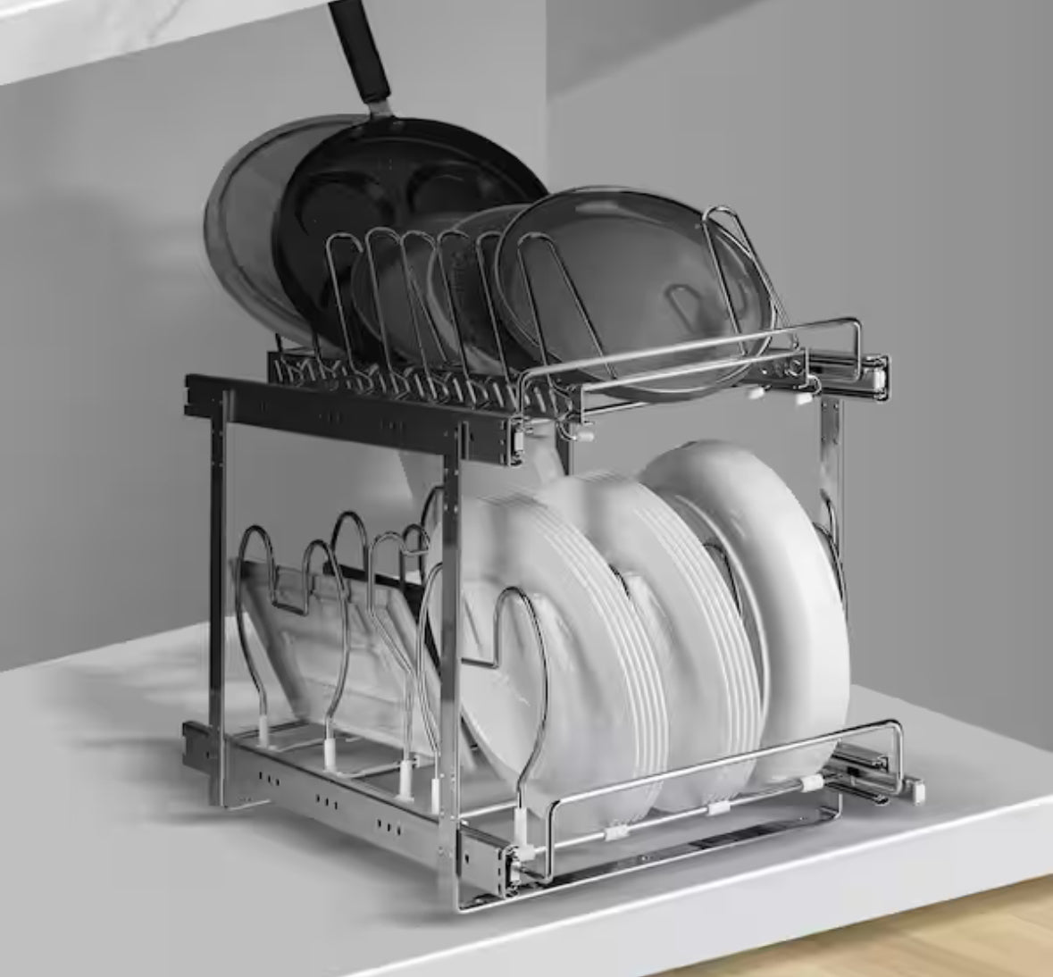 Pan and Pot Rack Chrome Plated, Standing Pot Rack, Cookie Sheet Baking Pans Tray Racks Steel Lid Holder