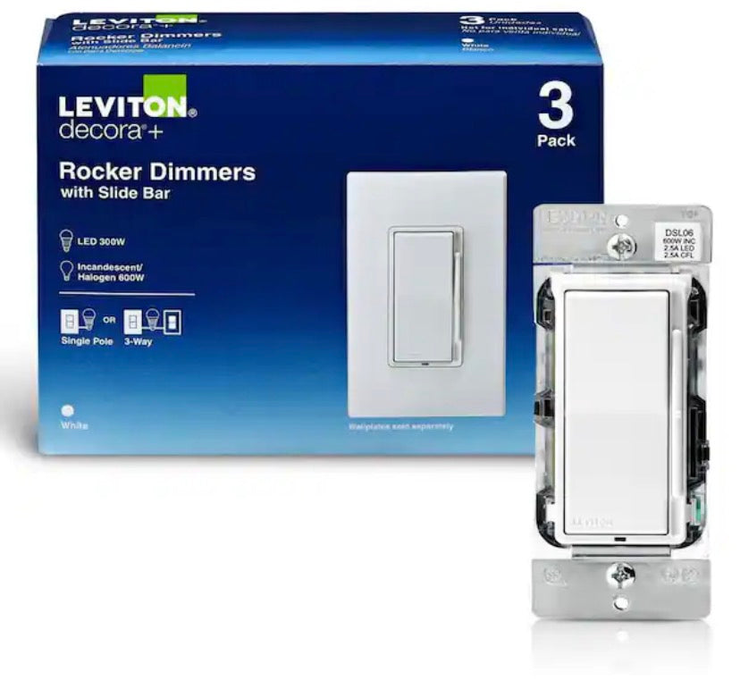 Decora 600-Watt Single-Pole/3-Way Universal Rocker Slide Dimmer, White (3-Pack) DSL06-3PW