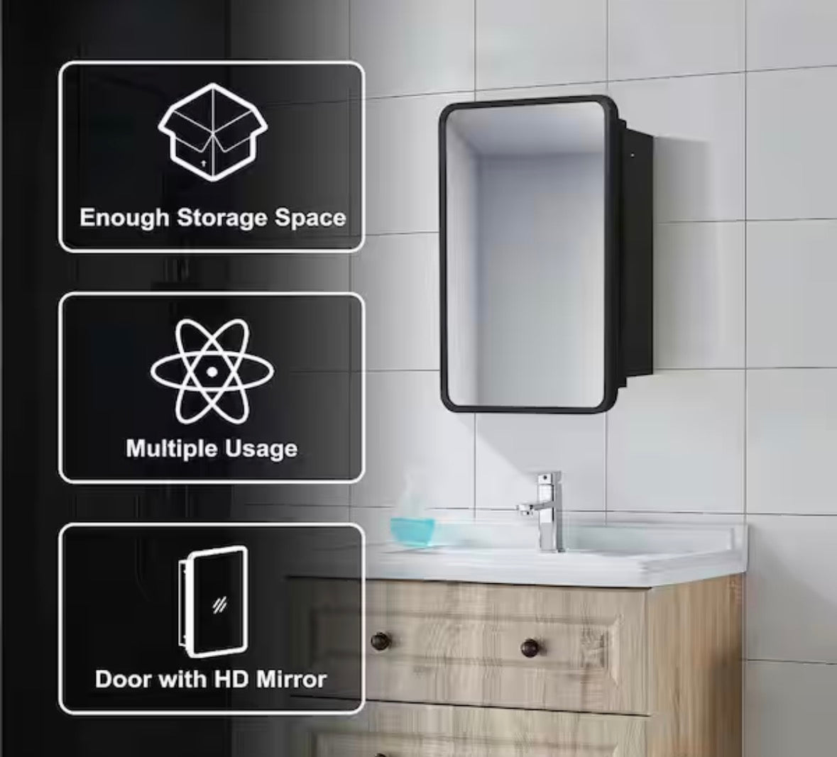16 in. W x 24 in. H Rectangular Recessed Surface Mount Medicine Cabinet Mirror Black