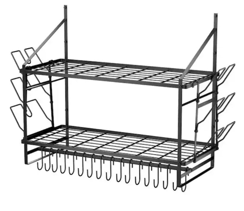 30 in. 2-Tier Black Wall Mounted Pot Rack, Pot and Pan Hanger with 2-Pieces Pans Lids Organizer and 16-Hooks