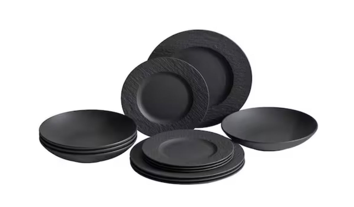 Manufacture Rock 12-Piece Black Service for Four Porcelain Dinnerware Set
