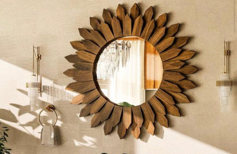 Dark Brown 20 in. W x 20 in. H Sunburst Wood Framed Vanity Mirror Wall Mirror