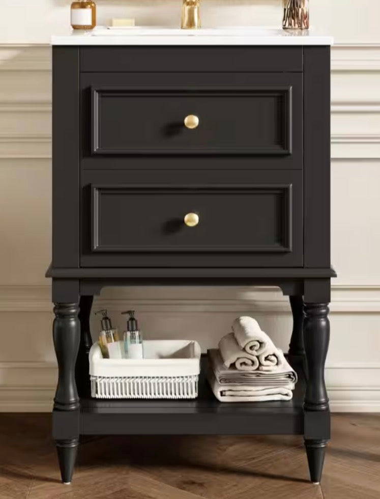 20 in. Black Bath Vanity with White Ceramic Sink Top and 2 Drawers