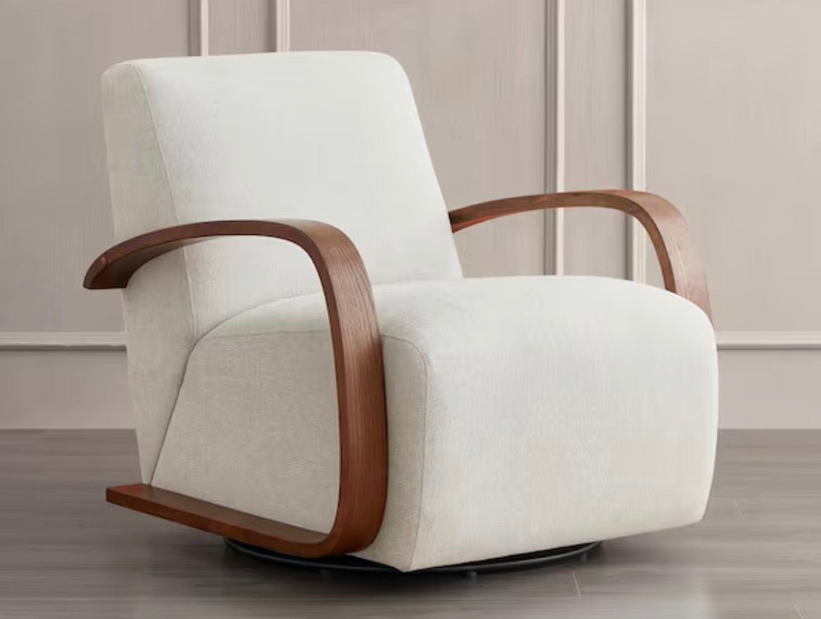 Ella Linen Fabric Swivel Accent Chair with U-shaped Walnut Solid Wood Arm Modern Armchair for Living Room or Bedroom