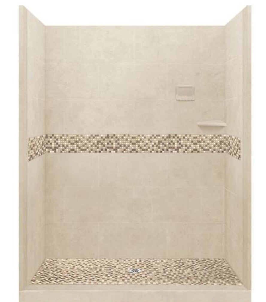 Tuscany 60 in. L x 42 in. W x 80 in. H Center Drain Alcove Shower Kit with Shower Wall and Shower Pan in Desert Sand