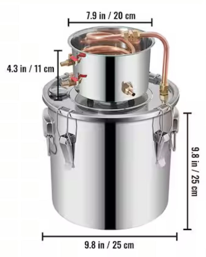 3Gal./12L Stainless Steel Alcohol Still w/ Copper Tube and Thermometer for Home Brewing Whisky,Wine and Brandy in Silver