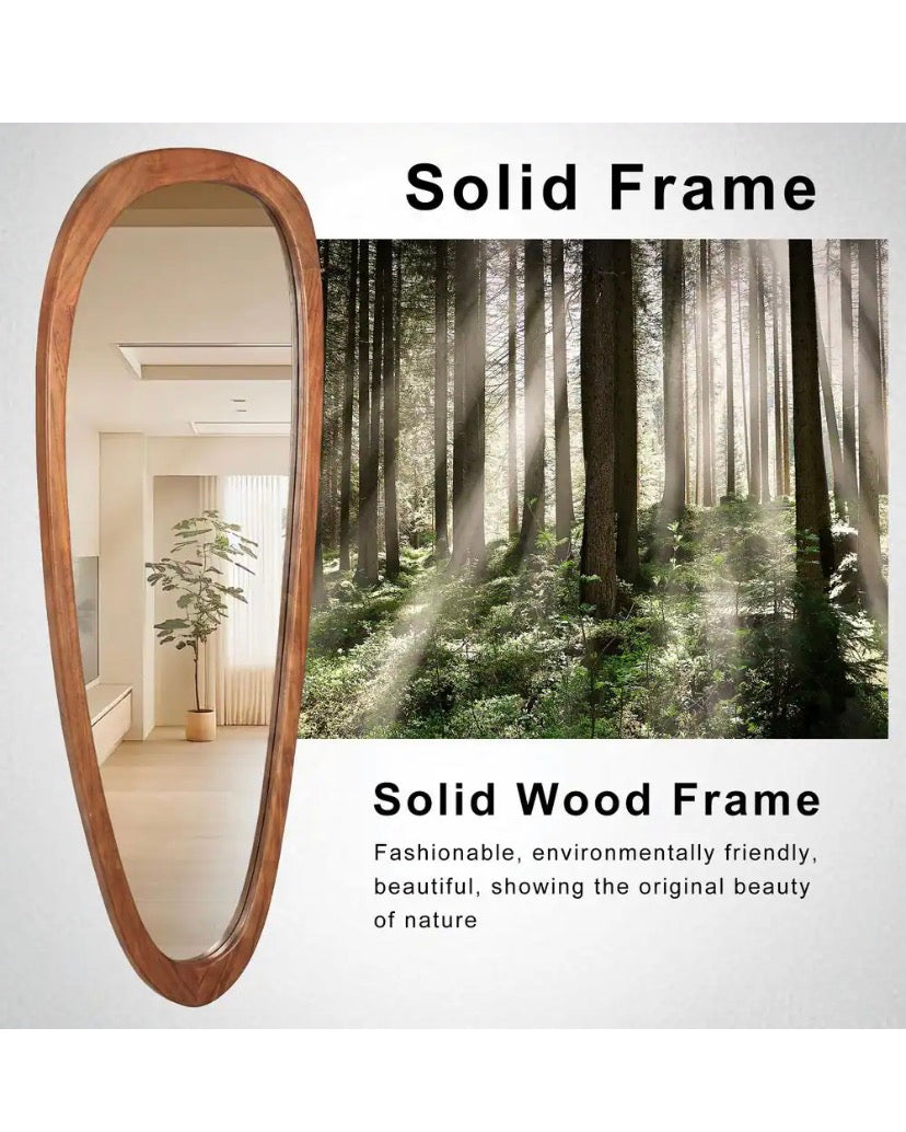22 in. W x 60 in. H Irregular Natural Wood-Frame Wall Mirror, Distinctive Asymmetric Design