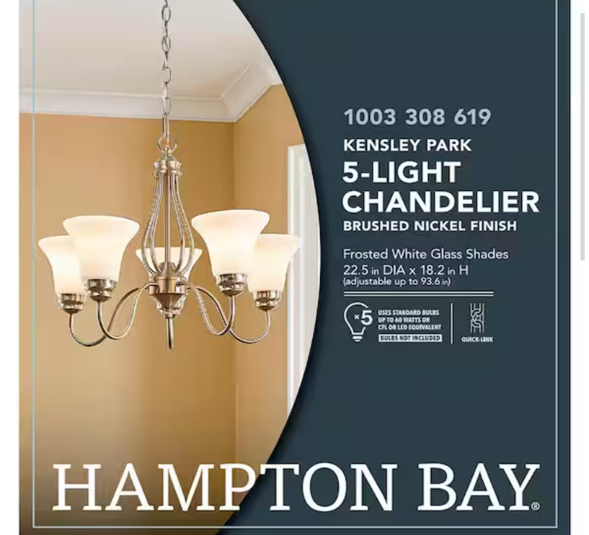 Kensley Park 5-Light Classic Traditional Brushed Nickel Hanging Candlestick Chandelier with Frosted White Shade