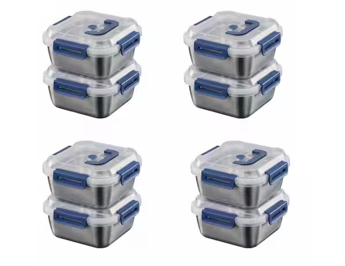 8PCS Extra Large Stainless Steel Food Storage Containers Airtight Blue Lids for Kitchen Organization