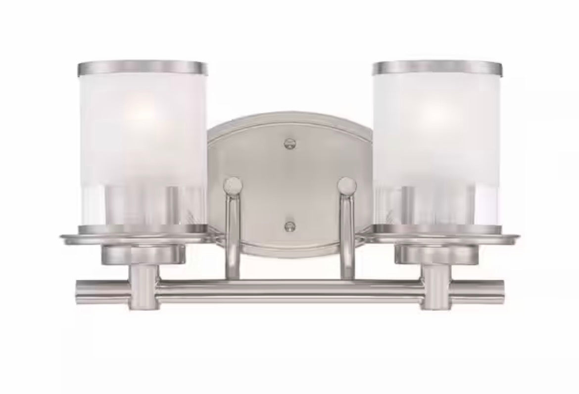 Truitt 14.2 in. 2-Light Brushed Nickel Modern Transitional Vanity with Frosted and Clear Edge Glass Shades