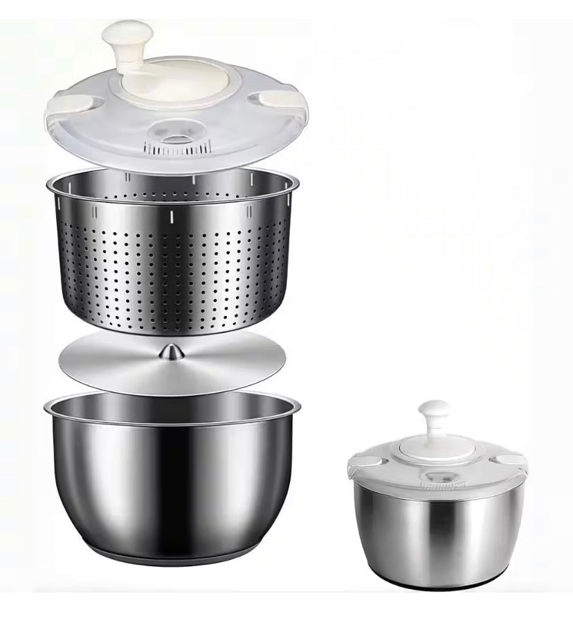 6L Stainless Steel Salad Spinner with PP Lid and Non-Slip Base, Large Fruit Washer, Vegetable Dryer, Dishwasher Safe