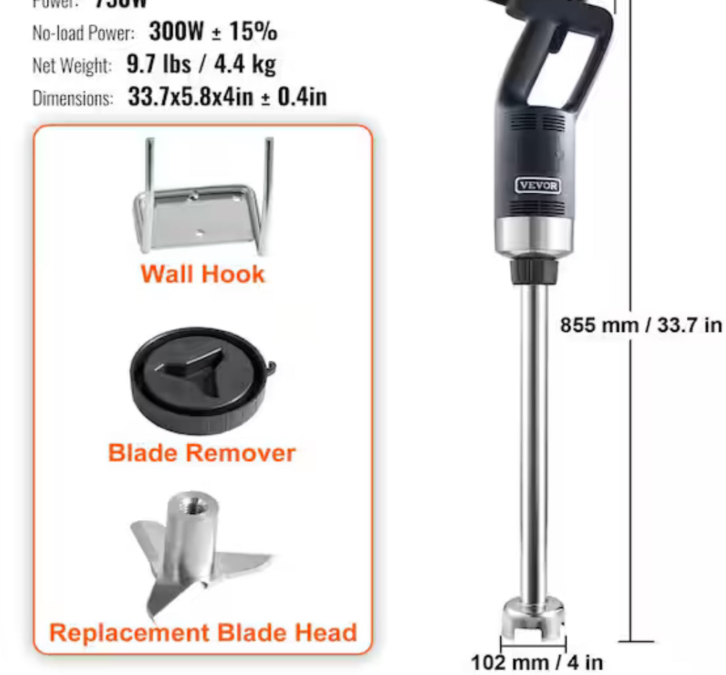 Black Commercial Immersion Blender 750W 20 in. Heavy Duty Hand Mixer Multi-Purpose Portable Mixer