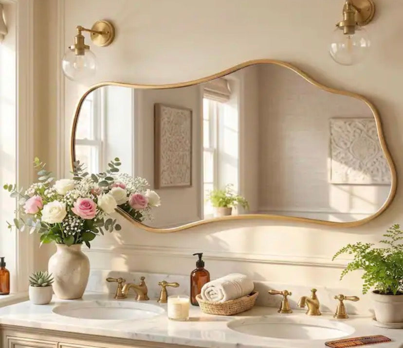 47 in. W x 22 in. H Gold Aluminum Alloy Framed Irregular Wall Mirror
