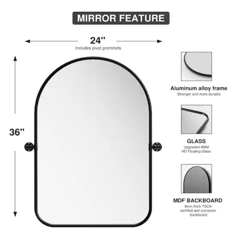 24 in. W x 36 in. H Arched Black Framed Wall Mirror Round Corner Bathroom Vanity Mirror
