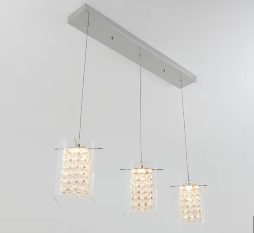 Crystal Cube 13-Watt 3 Light Chrome Modern Integrated LED Pendant Light Fixture for Dining Room or Kitchen