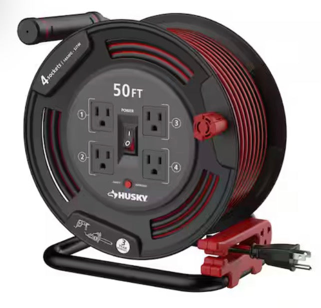 50 ft. 14/3 13AMP Retractable Extension Cord Reel with 4 Grounded Outlets Black