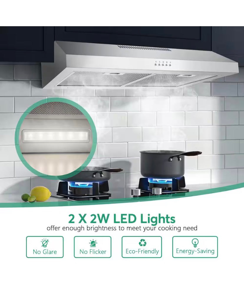 30 in. 600 CFM Convertible Ductless Under Cabinet Range Hood With 3 Speed Exhaust Fan and 2 LED Lights, Stainless Steel