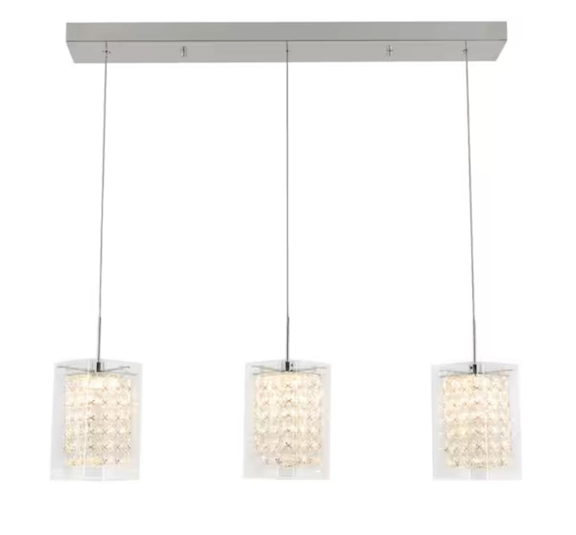 Crystal Cube 13-Watt 3 Light Chrome Modern Integrated LED Pendant Light Fixture for Dining Room or Kitchen