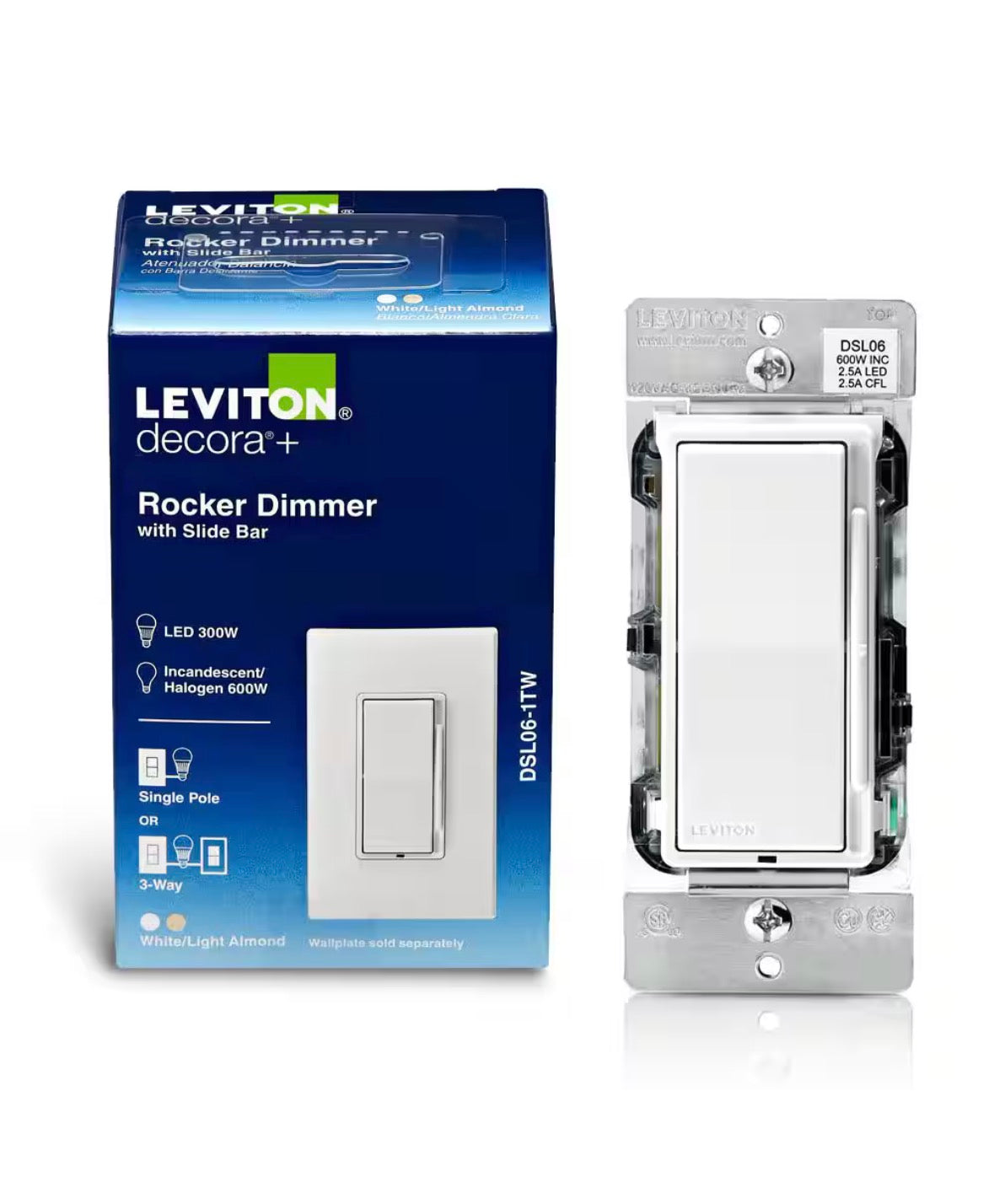 Decora Slide Dimmer Switch for Dimmable LED, Halogen and Incandescent Bulbs, White/Light Almond DSL06-1TW