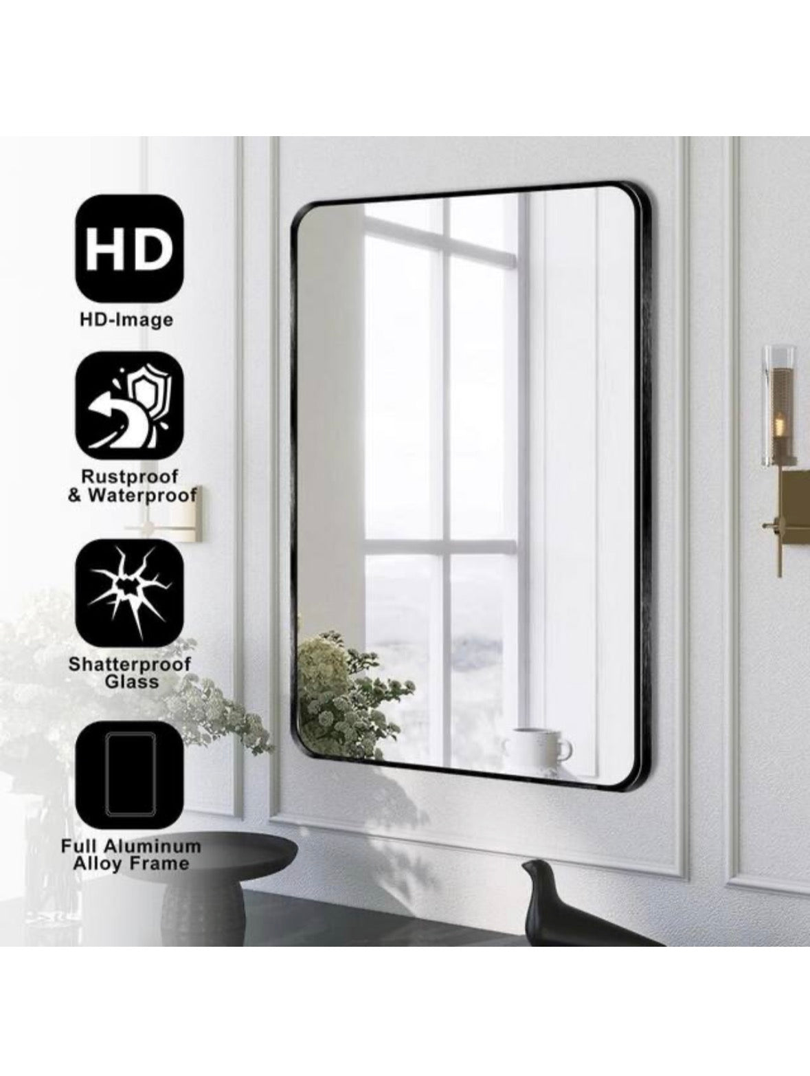 20 in. W x 30 in. H Black Vanity Rectangle Wall Mirror Aluminum Alloy Frame Bathroom Mirror