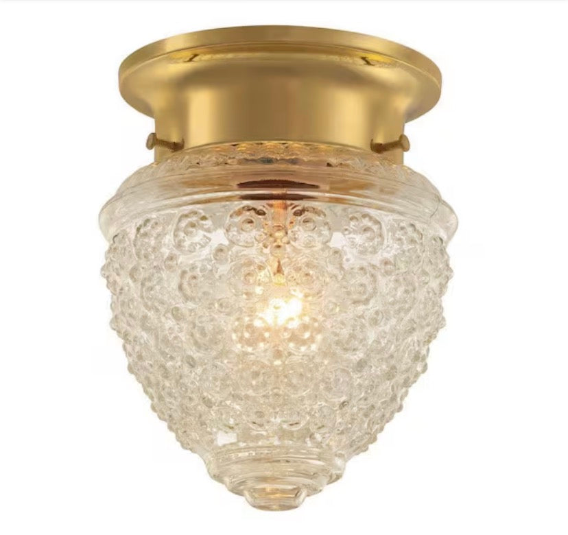 1-Light Polished Brass Flush Mount Light with Acorn Shaped Glass Shade