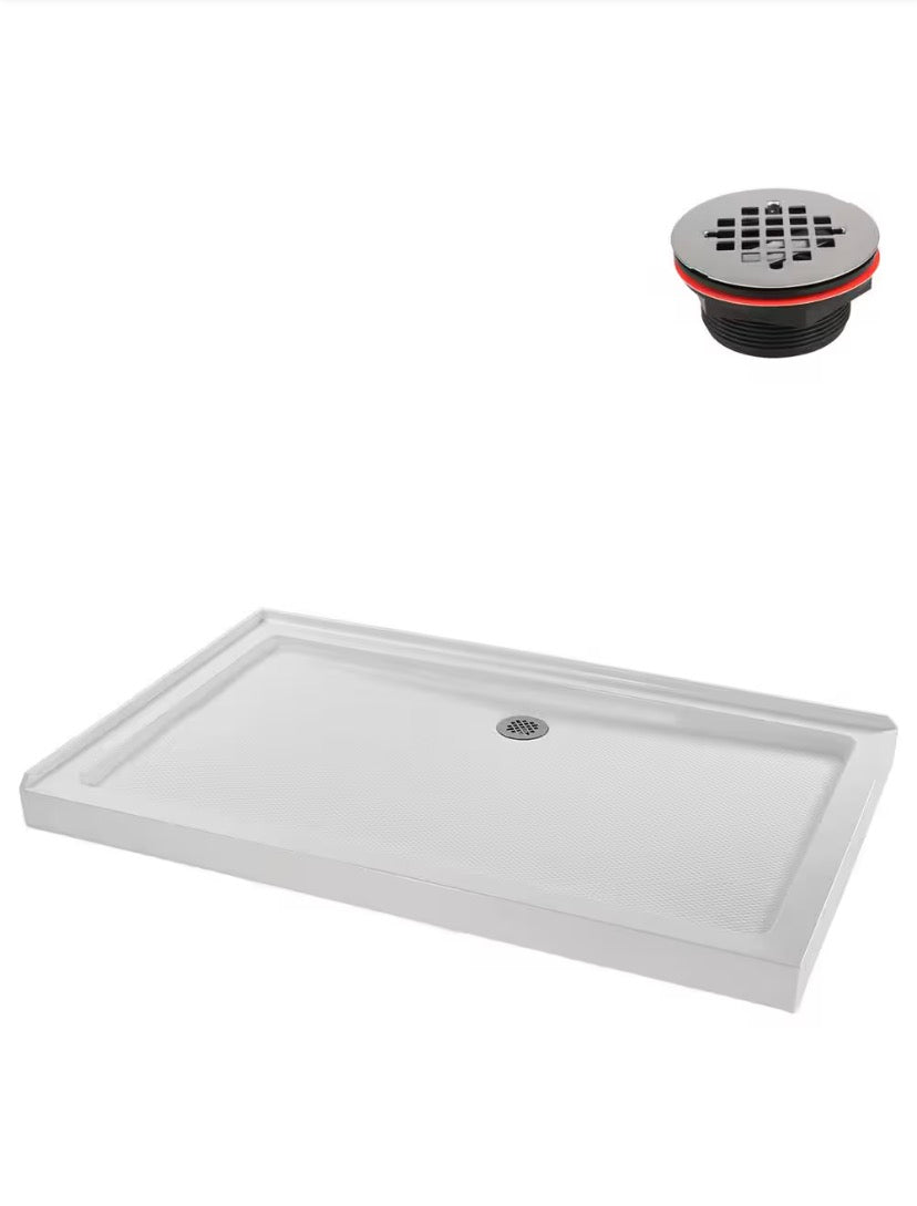 60 in. L x 36 in. W Corner Acrylic Shower Pan Base, Glossy White with Right Hand Drain, Drain Included