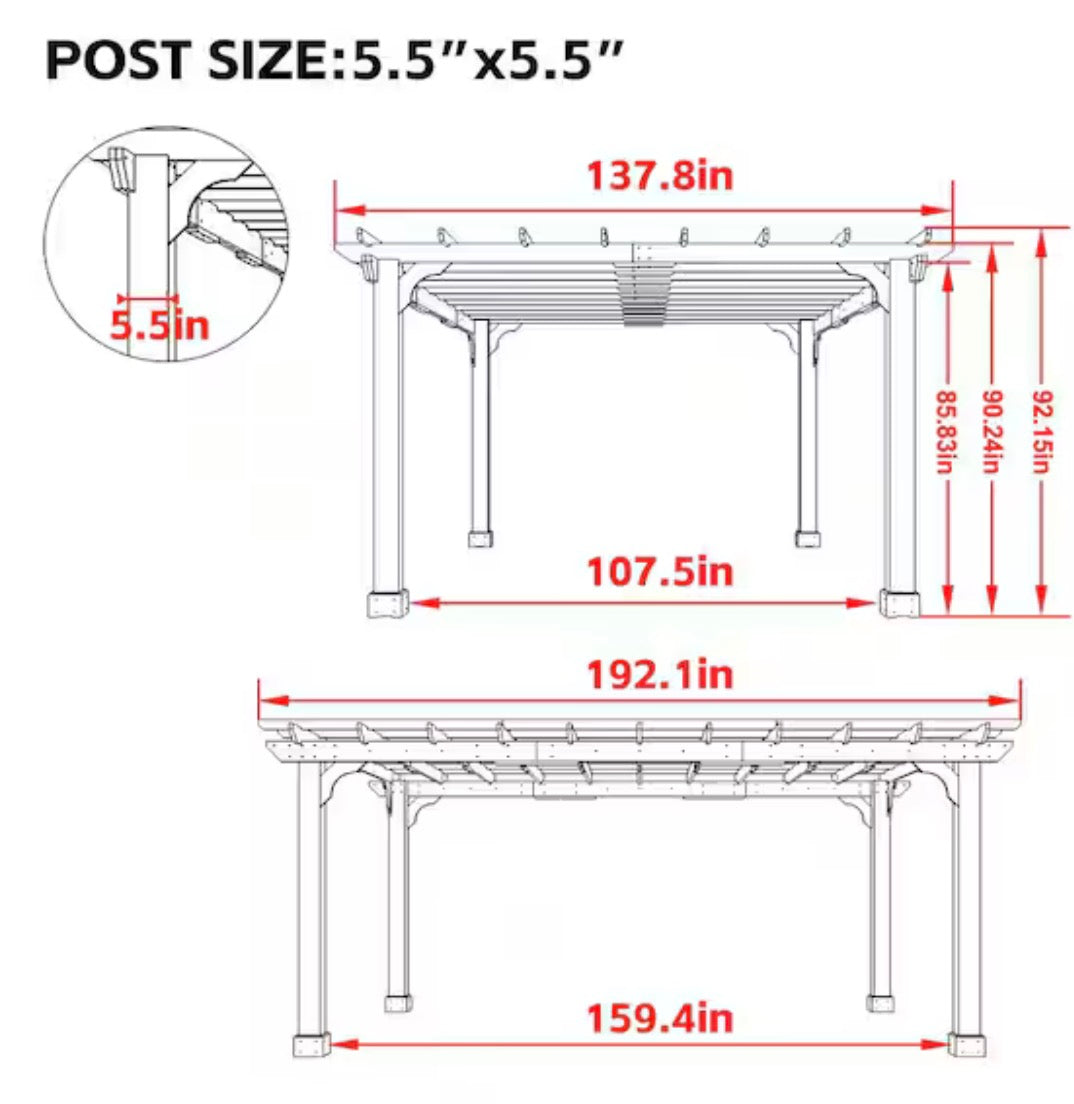16 ft. W x 12 ft. D Cedar Wood Patio Pergola Shade Structure for Outdoor, Brown