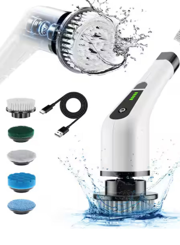Cordless Electric Spin Scrubber, 2-Adjustable Speeds, 5-Replaceable Brush Heads Short Handle, White, Carpet Cleaner