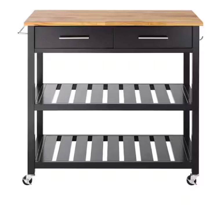 Glenville Black Rolling Kitchen Cart with Butcher Block Top, Double-Drawer Storage, and Open Shelves (36" W)