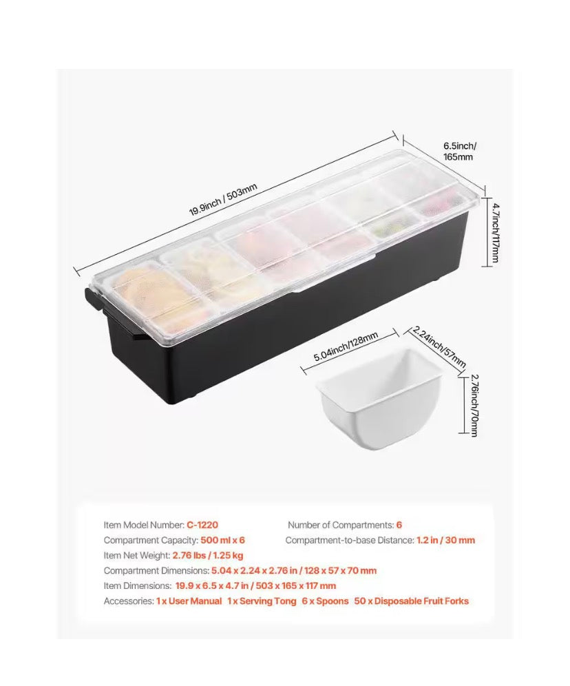 Chilled Condiment Server, 6-Compartment Ice Cooled Tray, Garnish Bar Caddy with Lid, for Bartending, Taco, Salad, Fruit